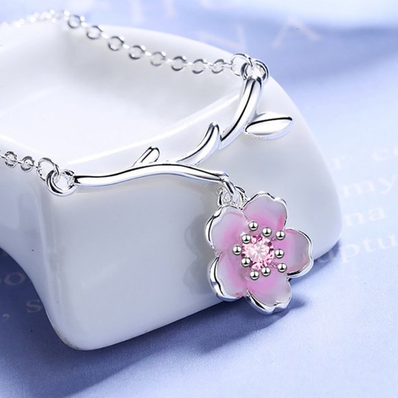 #NEW 925 Sterling Silver Pink White Diamond Cherry Blossom Leaf Branch Necklace - Picture 2 of 11